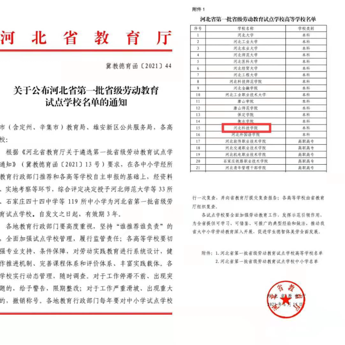 威尼斯官网荣列河北省教育厅第一批省级劳动教育试点学校