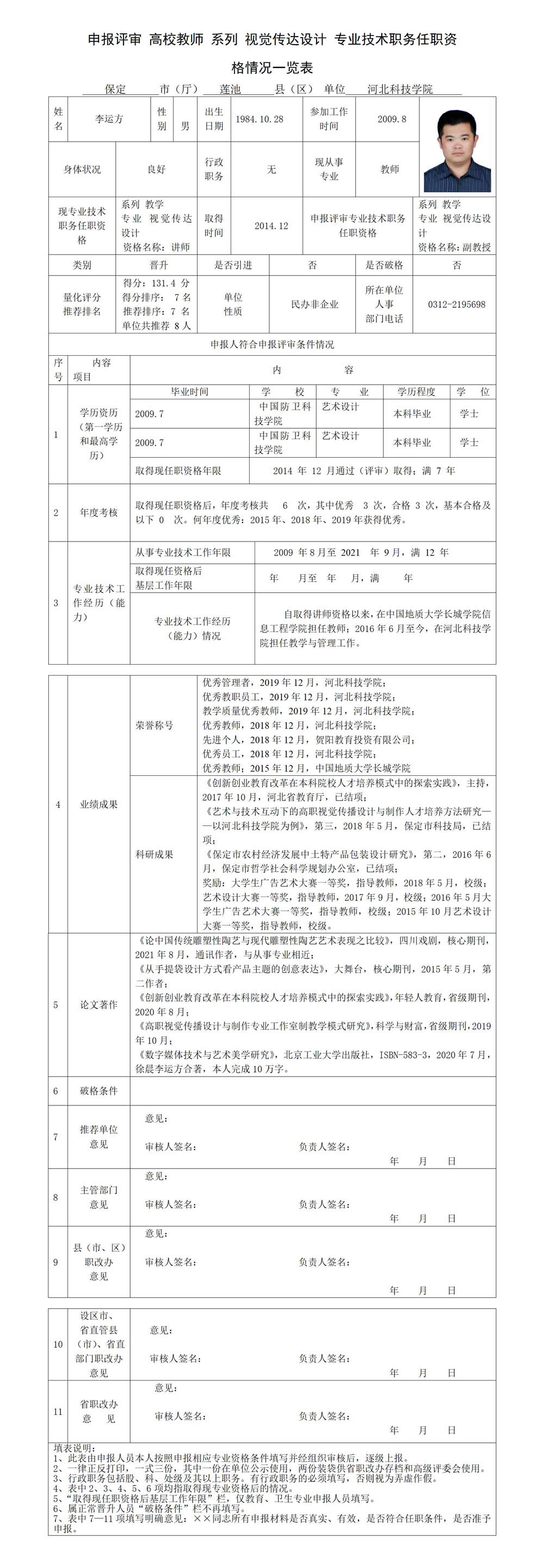 李运方专业技术职务任职资格情况一览表