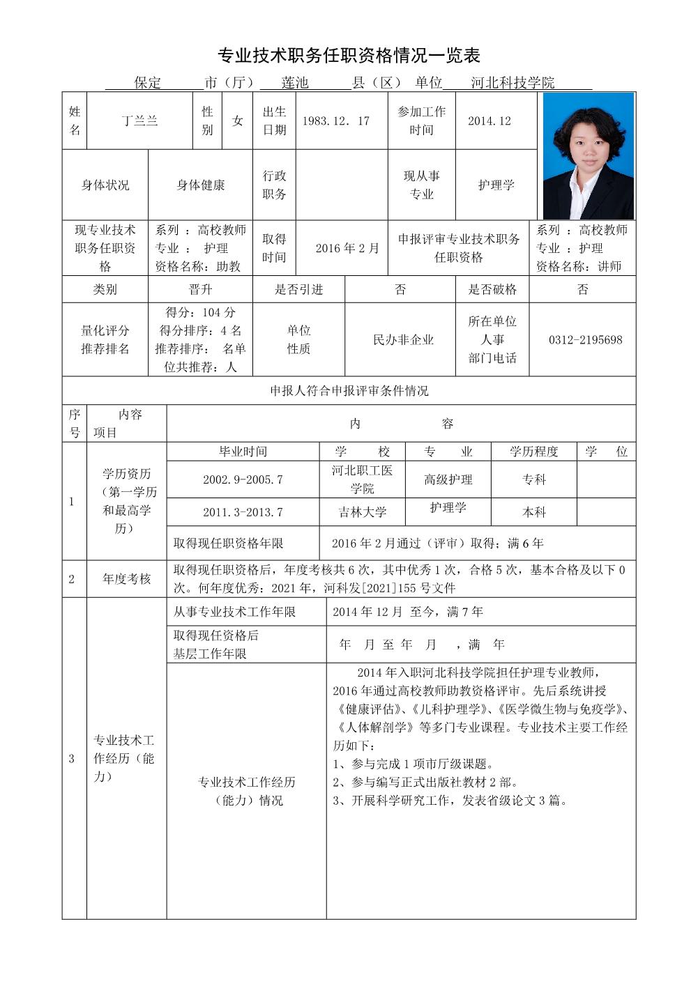 丁兰兰2022年任职资格情况一览表