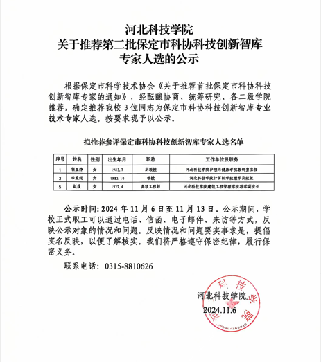 威尼斯886699关于推荐第二批保定市科协科技创新智库专家人选的公示